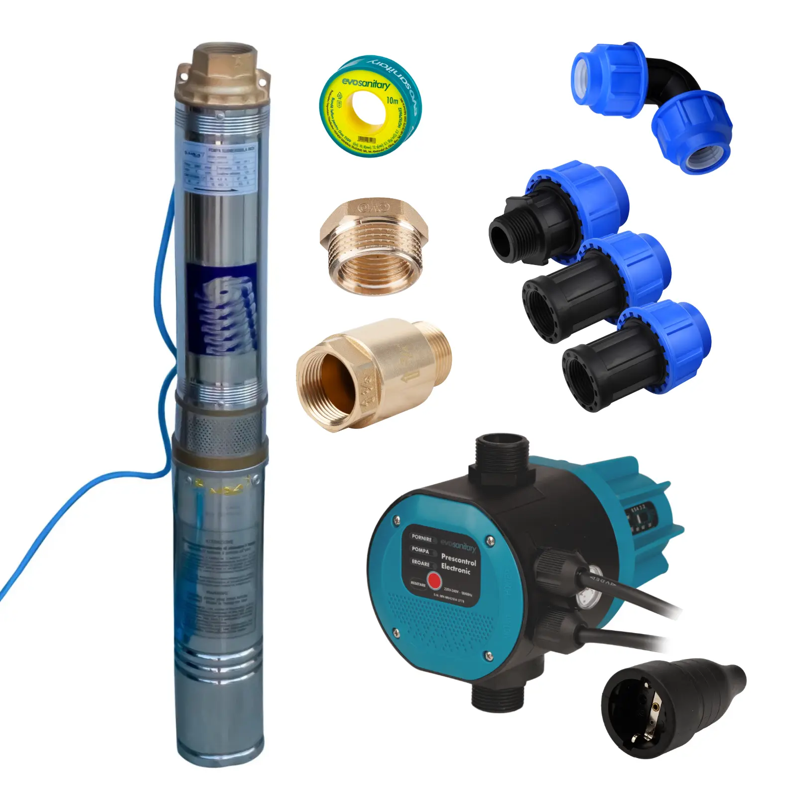 Pachete complete pompe submersibile - Pompa Submersibilă 1.5KW 2CP 8 Turbine 120m + Presostat Electronic EVOSANITARY