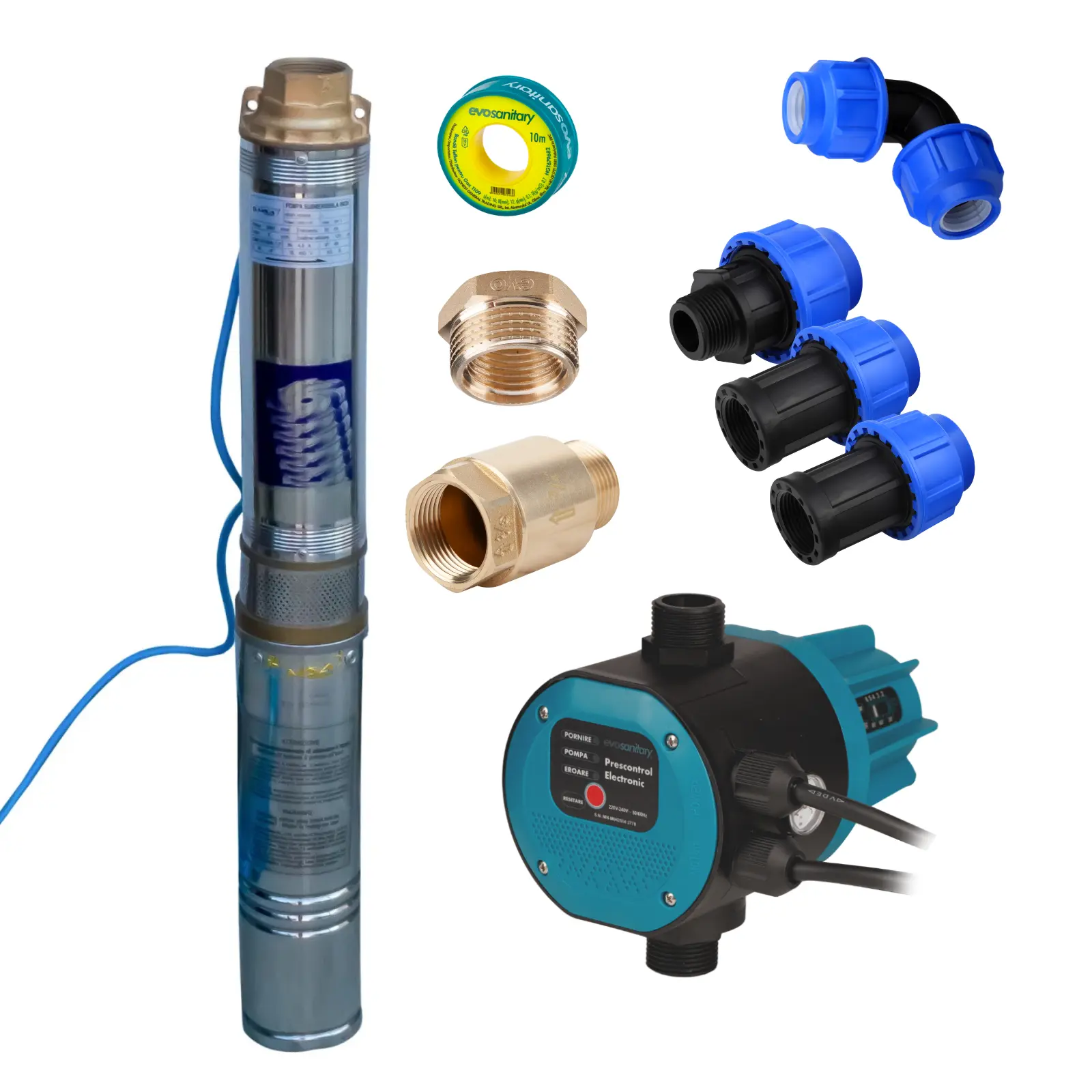 Pachete complete pompe submersibile - Pompa Submersibilă 1.5KW 2CP 8 Turbine 120m + Presostat Electronic EVOSANITARY