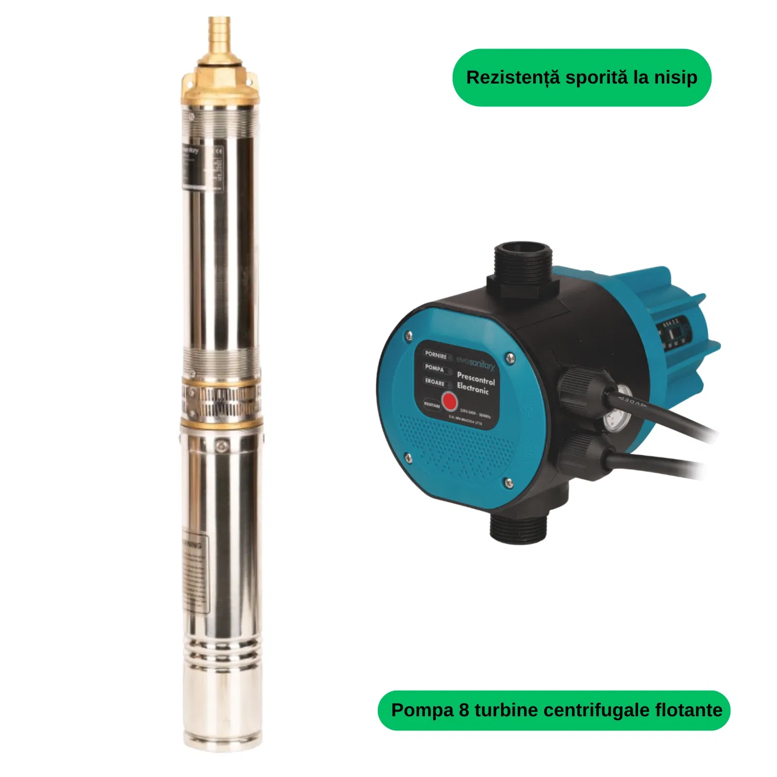 Pachete complete pompe submersibile - Pompa Submersibilă 750W cu 8 Turbine + Prescontrol Electronic | Debit 4000 l/h, 54 m