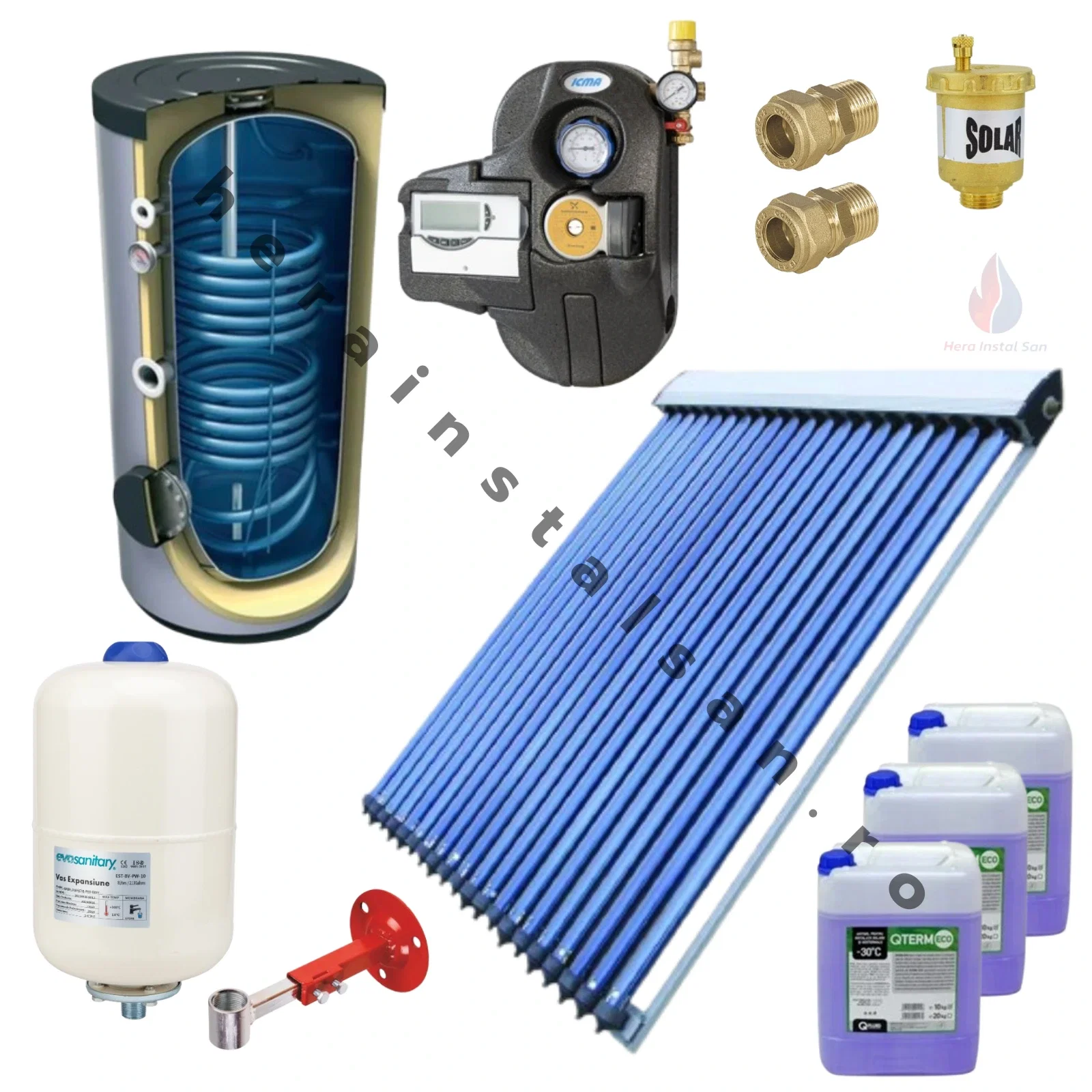 Sisteme preparare apă caldă menajeră - Sistem Solar 200L Bivalent (2 Serpentine) + Panou 20 Tuburi + ICMA + Grundfos