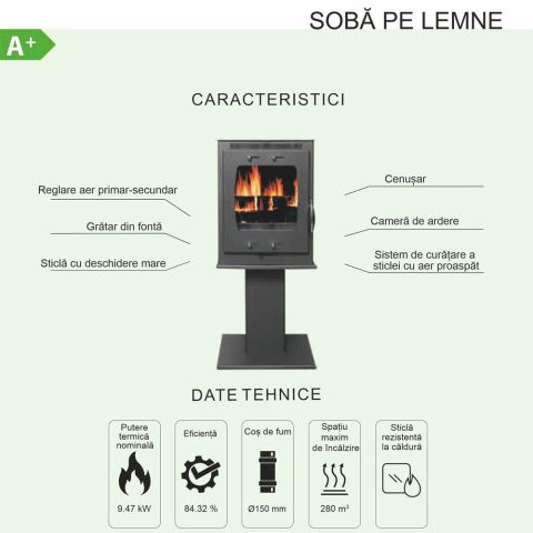 Sobă pe lemne Termax Vesta 9.47 kW – cu picior metalic [2]