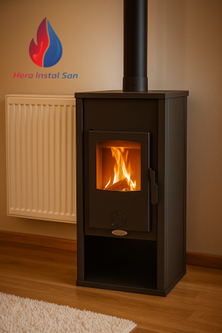 Termosobă pe lemne 13.1 kW cu manta de apă 16 L și randament 74.7%. Încălzește până la 80 m². Ideală pentru locuințe și spații publice. Comandă acum! [1]