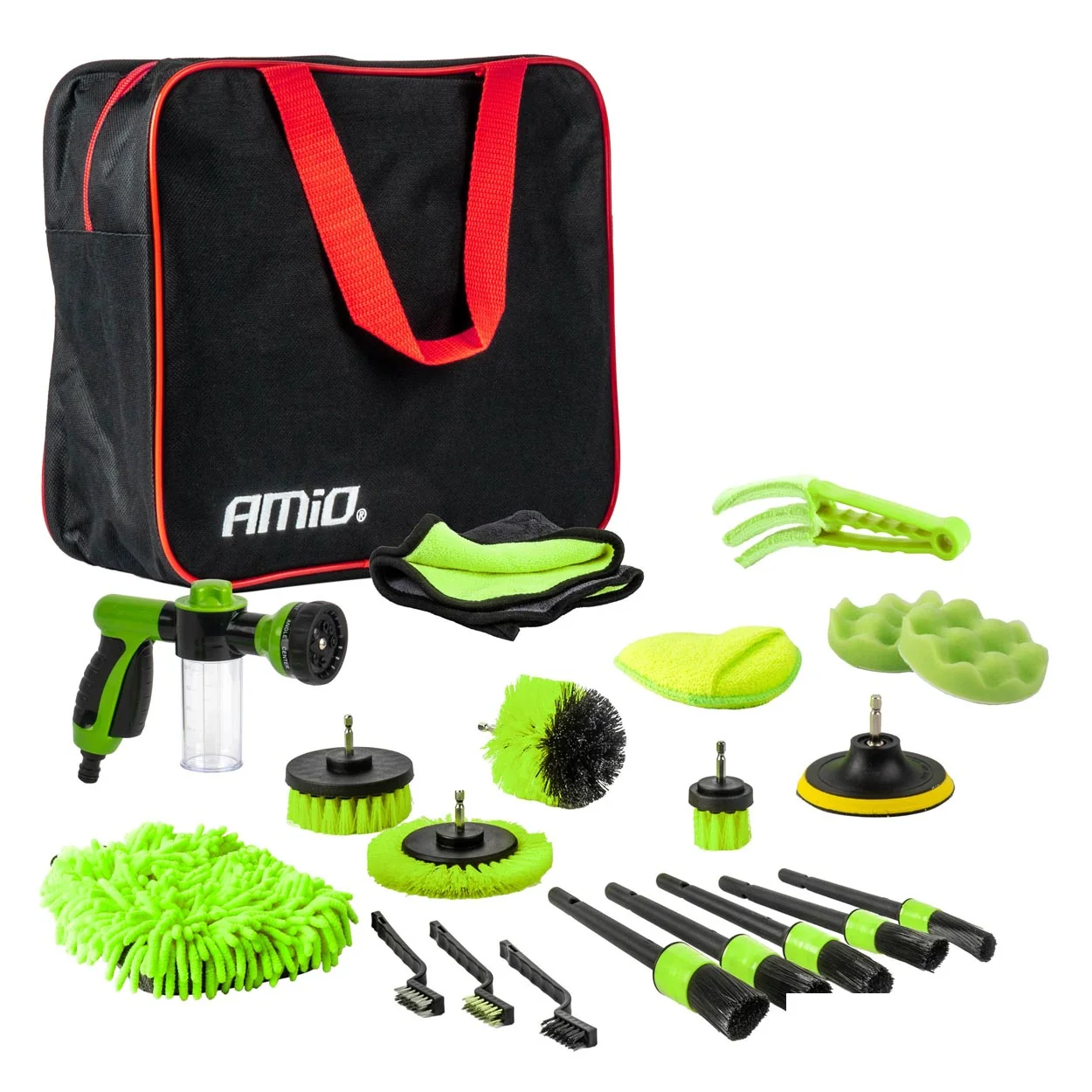 Kit detailing auto AMiO 21 piese cu perii, pensule, bureți, mănușă microfibră și dispozitiv de spumare [1]