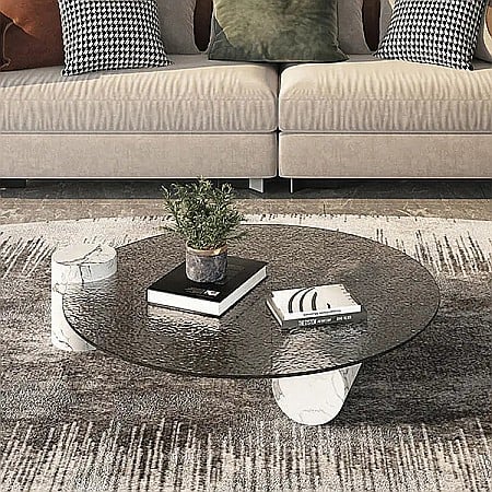 Mobilier Premium - Măsuță cafea cu picioare din marmură și blat din sticlă securizată Calia - CT2203