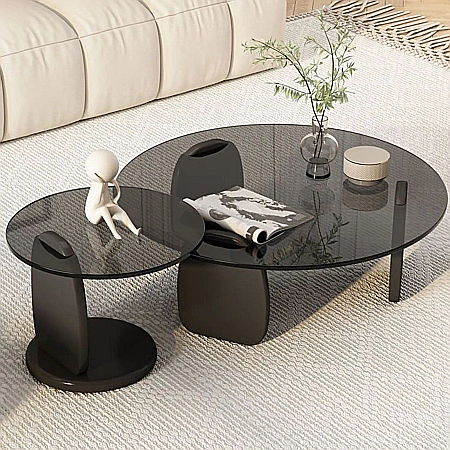 Mobilier Premium - Set măsuțe cafea cu blat din sticlă securizată și picioare din lemn Kaira - KA452