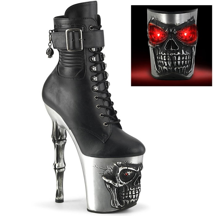 Botine Pleaser RAPTURE 1020 STR LT negre cu platformă argintie, craniu LED roșu și toc osos de 20 cm pentru pole dance [1]