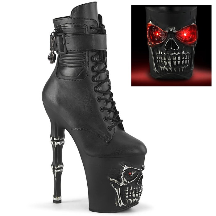 Botine Pleaser RAPTURE 1020 STR LT negre cu craniu LED roșu, platformă de 10 cm și toc osos de 20 cm pentru pole dance [1]