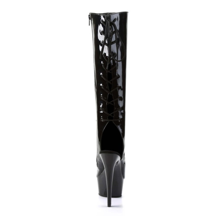 Cizme pana la genunchi negru lac Pleaser DELIGHT 2018 cu toc de 15 cm și șiret la spate [5]