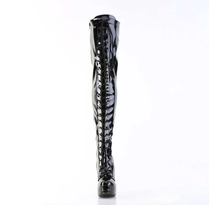 Cizme peste genunchi stretch negru lac Pleaser USA Electra-3023, toc 12,7 cm, șireturi frontale, fermoar interior [4]