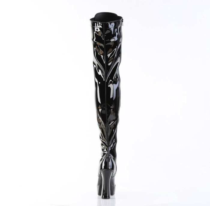 Cizme peste genunchi stretch negru lac Pleaser USA Electra-3023, toc 12,7 cm, șireturi frontale, fermoar interior [3]