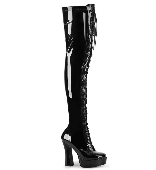 Cizme peste genunchi stretch negru lac Pleaser USA Electra-3023, toc 12,7 cm, șireturi frontale, fermoar interior [1]