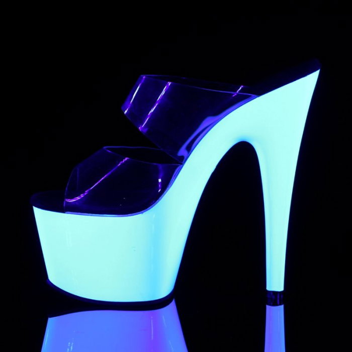 Saboți Pleaser ADORE 702 UV albi cu platformă reactivă la lumină UV, toc de 17,8 cm și barete transparente. [3]