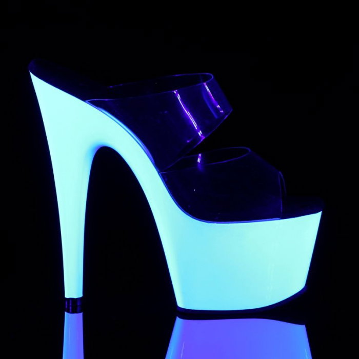Saboți Pleaser ADORE 702 UV albi cu platformă reactivă la lumină UV, toc de 17,8 cm și barete transparente. [4]