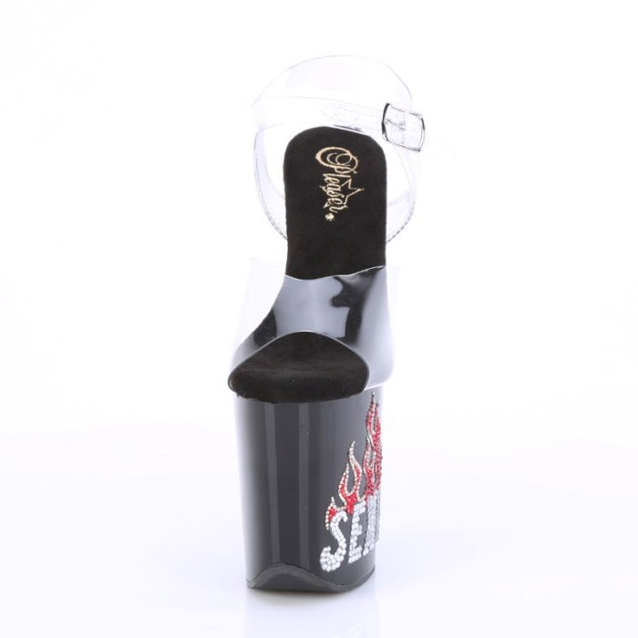 Sandale Pleaser FLAMINGO 808SEXY cu platformă neagră, flăcări, strasuri, toc de 20 cm și barete transparente. [4]