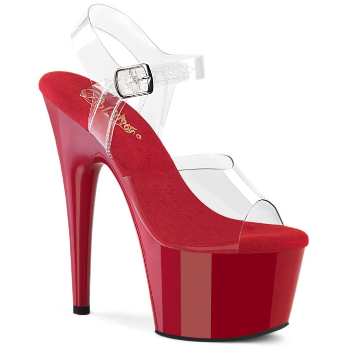 Sandale Pleaser ADORE 708 roșii cu barete transparente, toc de 18 cm, platformă de 7 cm și prindere pe gleznă. [1]