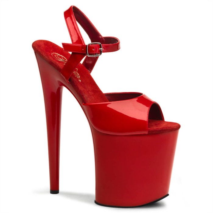 Sandale Pleaser FLAMINGO 809 roșii lac, cu toc de 20 cm, platformă de 10 cm și baretă reglabilă pe gleznă. [1]