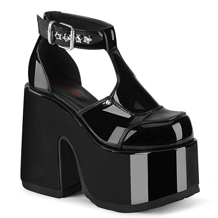 Sandale piele lăcuită neagră cu toc gros, Camel-103/B, DemoniaCult [1]