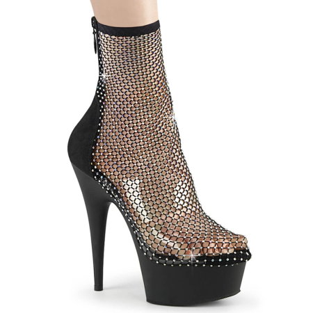 Botine Dama - Botine negre cu plasă și cristale Pleaser DELIGHT 1009, toc de 15 cm