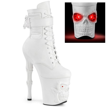 Tocuri de 20 cm Pole Dance - Botine Pleaser RAPTURE 1020 STR LT albe cu craniu LED roșu și toc osos de 20 cm pentru pole dance