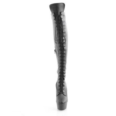 Cizme Pleaser DELIGHT 3014 negre mate peste genunchi, cu toc de 15 cm, platformă, șiret frontal și vârf decupat. [4]
