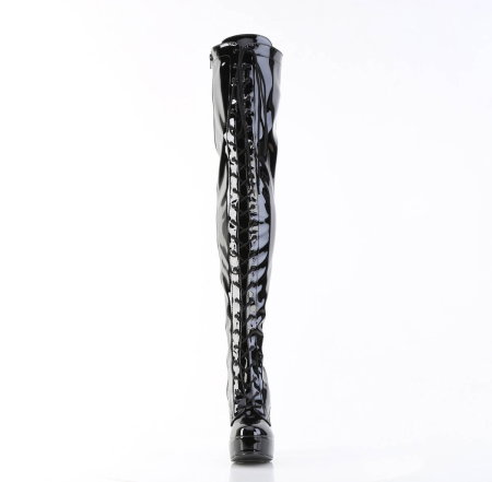 Cizme peste genunchi stretch negru lac Pleaser USA Electra-3023, toc 12,7 cm, șireturi frontale, fermoar interior [3]