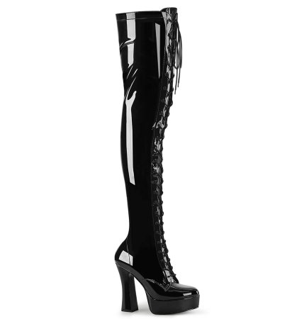 Cizme Dama - Cizme peste genunchi stretch negru lac Pleaser USA Electra-3023, toc 12,7 cm, șireturi frontale, fermoar interior