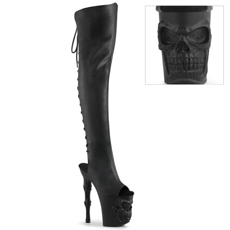 Tocuri de 20 cm Pole Dance - Cizme Pleaser RAPTURE 3019 negre peste genunchi cu platformă craniu și toc osos de 20 cm pentru pole dance