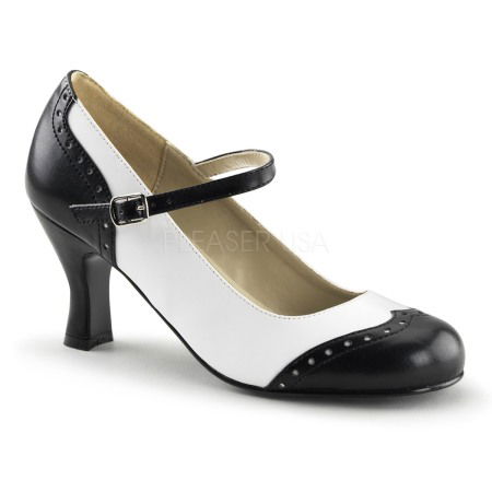 Pantofi cu toc mic - Pantofi cu toc mic si gros, stil Pin Up retro, negru cu alb, FLAPPER 25
