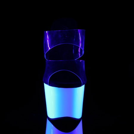 Saboți Pleaser ADORE 702 UV albi cu platformă reactivă la lumină UV, toc de 17,8 cm și barete transparente. [1]