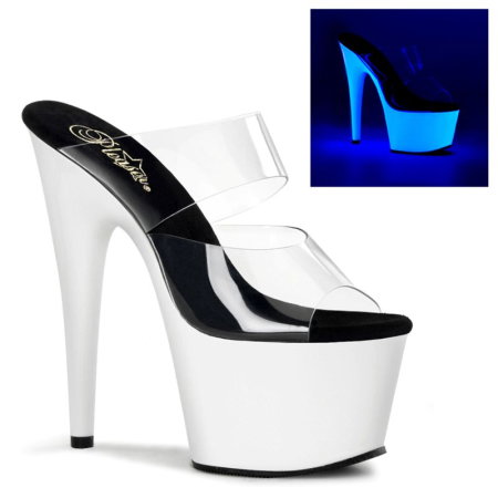 Branduri - Saboți Pleaser ADORE 702 UV albi cu platformă reactivă la lumină UV, toc de 17,8 cm și barete transparente.