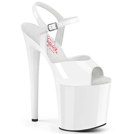 Sandale pentru picior lat - Sandale Pleaser NAUGHTY 809 albe lac pentru picior lat, cu toc de 20 cm și platformă de 10 cm.