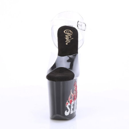 Sandale Pleaser FLAMINGO 808SEXY cu platformă neagră, flăcări, strasuri, toc de 20 cm și barete transparente. [3]