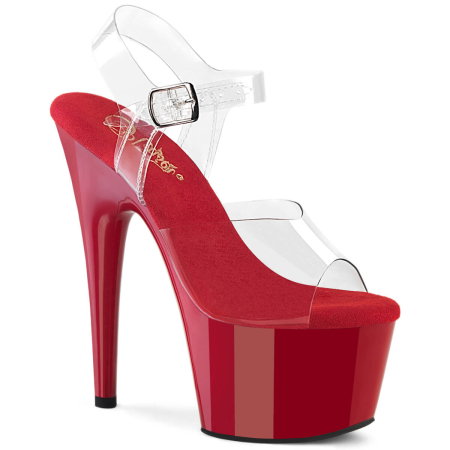 Branduri - Sandale Pleaser ADORE 708 roșii cu barete transparente, toc de 18 cm, platformă de 7 cm și prindere pe gleznă.