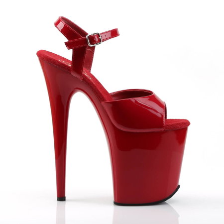 Sandale Pleaser FLAMINGO 809 roșii lac, cu toc de 20 cm, platformă de 10 cm și baretă reglabilă pe gleznă. [1]