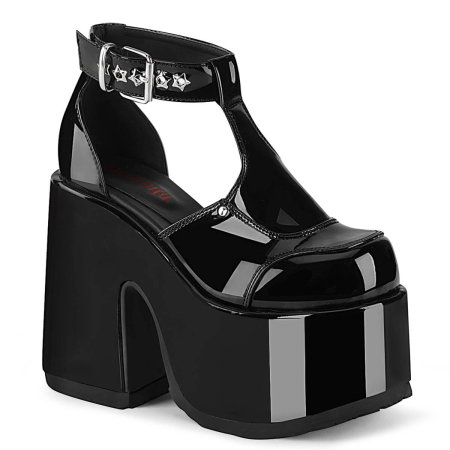 Sandale cu platformă - Sandale piele lăcuită neagră cu toc gros, Camel-103/B, DemoniaCult