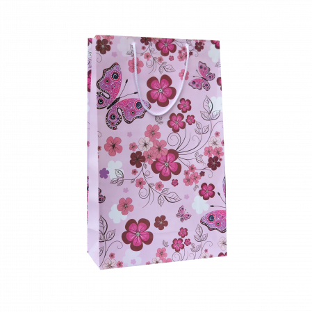Pungi cadou MARI - Punga cadou de hartie mare cu model vara - flori si fluturi roz