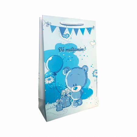 Pungi cadou LUX - Punga cadou de hartie medie cu model botez albastru