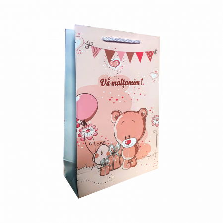 Pungi cadou LUX - Punga cadou de hartie medie cu model botez roz