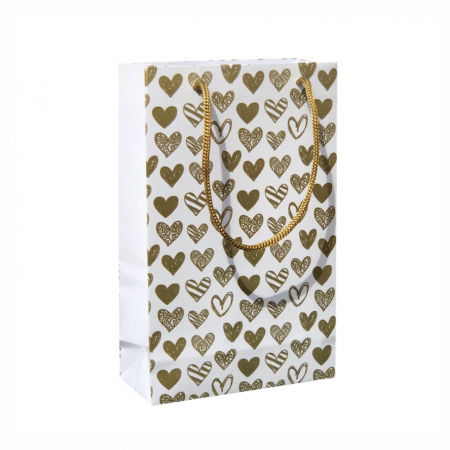 Pungi cadou pentru botez sau nunta - Punga de cadou medie cu model inimioare aurii