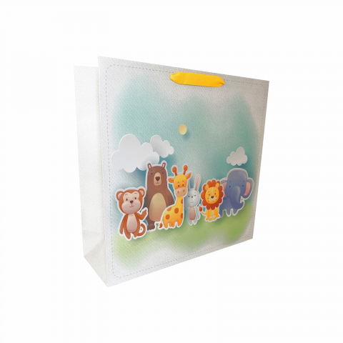 Pungi cadou pentru botez sau nunta - Punga de cadou patrata, 24x24x9 cm, model ANIMALUTE