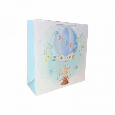 Pungi cadou pentru botez sau nunta - Punga de cadou patrata, 24x24x9 cm, model GIRAFA BLEU