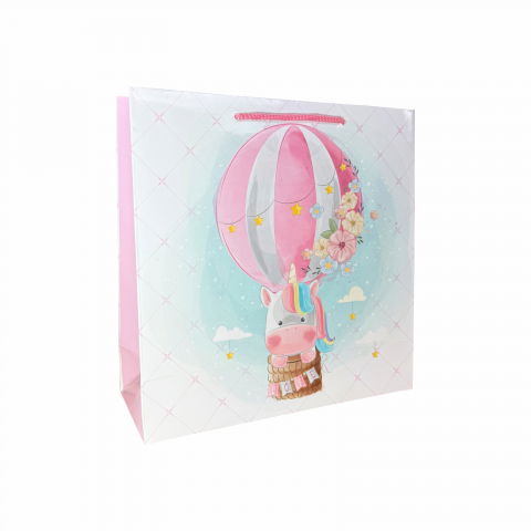 Pungi cadou pentru botez sau nunta - Punga de cadou patrata, 24x24x9 cm, model UNICORN ROZ