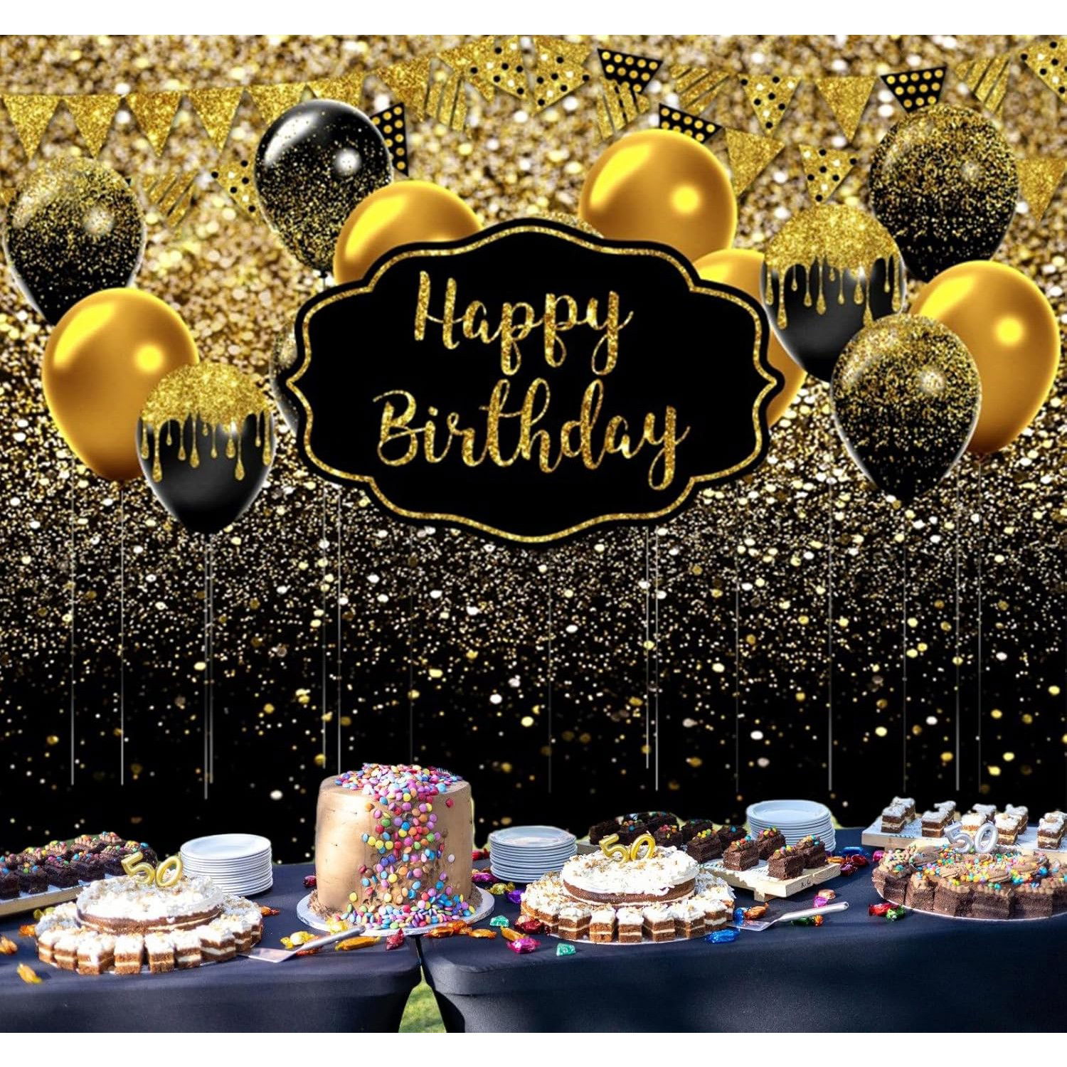 Petrecere - Banner Tip Fundal pentru Poze, Flippy, din Panza, 185 x 110 cm, Sfoara 6 m, Prindere in 4 Colturi, Negru/Auriu