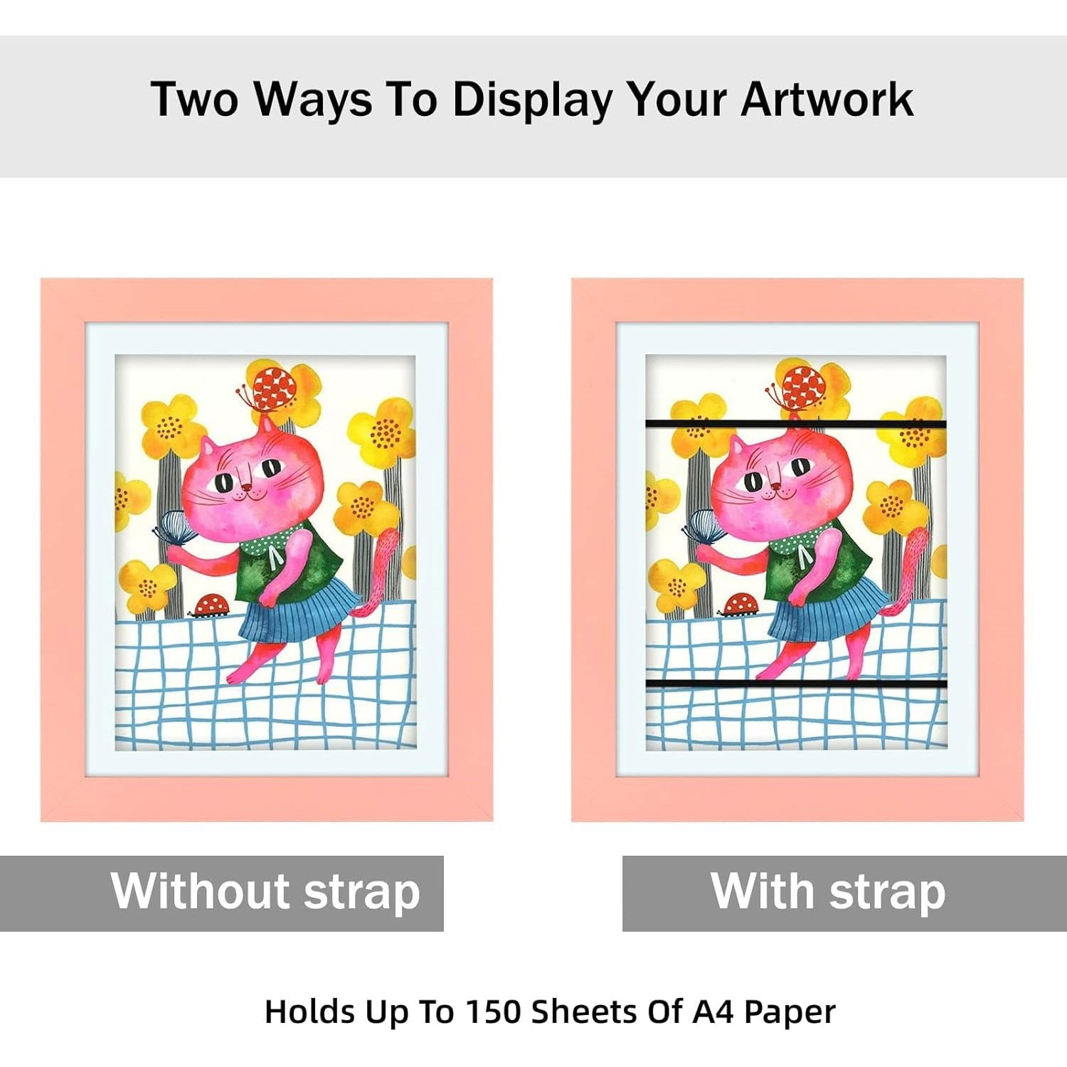 Pentru casa - Rama Foto Flippy, cu Magnet, din Lemn, cu Spatiu Pentru Depozitare, Pentru Desene si Picturi A4, Sticla Securizata, Rama MDF, 21x30 cm, Roz