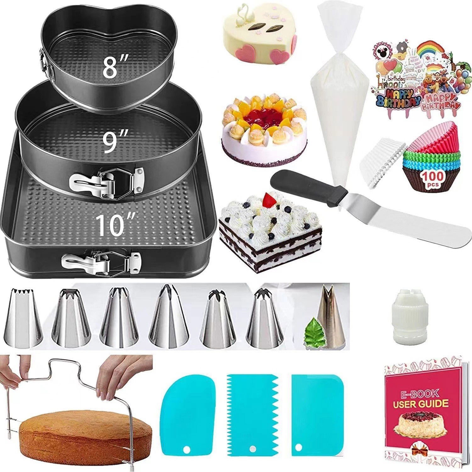50 - 100 LEI - Set de 216 Piese de Copt pentru Prajituri, Flippy, 3 Tavi de Copt, Nivelator, Forme Cupcake, Pos pentru Ornat cu 7 Capete, Feliator Tort, din Otel Inoxidabil, Multicolor