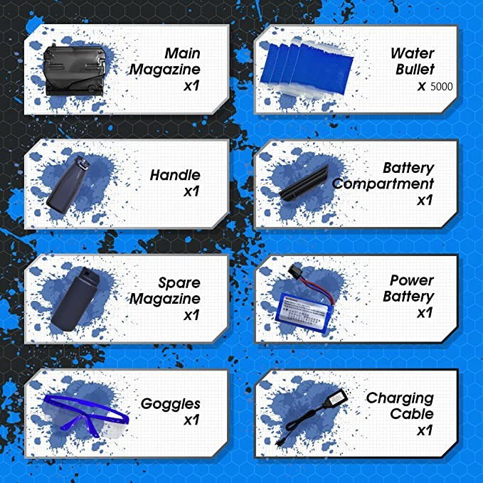 Mitraliere cu Bile Hidrogen - Mitraliera de jucarie electrica Flippy cu bile de hidrogen de gel, gun bluster, tragere in rafala, varsta peste 6 ani, ochelari de protectie, 5000 de bile incluse, cablu de incarcare, 40.1 x 31.6 cm, 