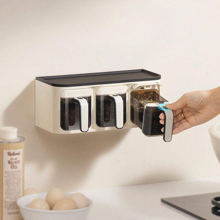 Cutie de Depozitare a Condimentelor, Flippy, de Uz Casnic, Montare pe Perete, 3 Compartimente, 25.8 x 13.6 x 10.5cm, Alb-Negru [3]