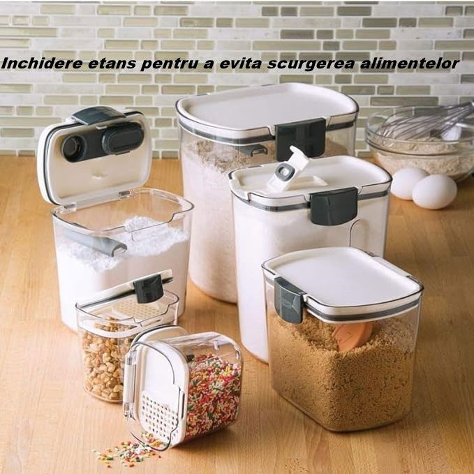Pentru casa - Set 4 Recipiente Depozitare Alimente, Flippy, pentru Organizare Bucatarie, cu Inchidere Ermetica, Transparent, Plastic fara BPA, Compatibile cu Masina de Spalat Vase, Diferite Dimensiuni, 350 ml, 1300