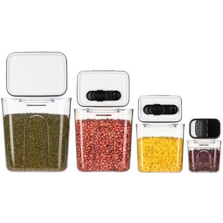 Pentru casa - Set 4 Recipiente Depozitare Alimente, Flippy, pentru Organizare Bucatarie, cu Inchidere Ermetica, Transparent, Plastic fara BPA, Compatibile cu Masina de Spalat Vase, Diferite Dimensiuni, 350 ml, 1300