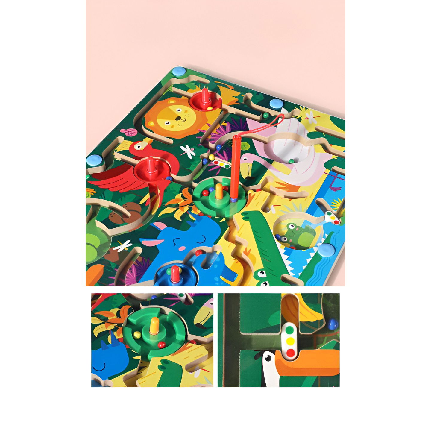 Joc Montessori de Sortare Culori, Flippy, Creion Magnetic, Tip Labirint Ilustrat, din Lemn, Model Animale Salbatice, 39x29x1.5 cm [3]